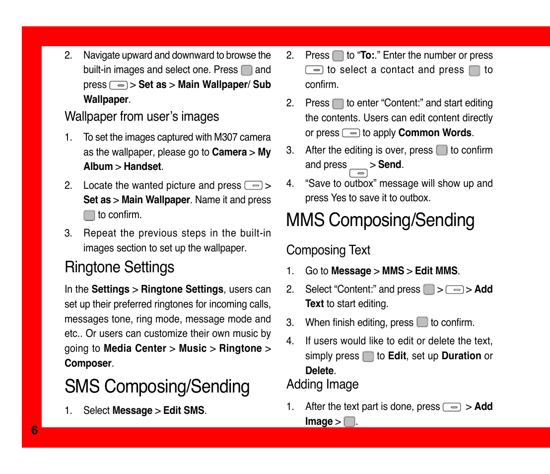 Sms composing/sending, Mms composing/sending, Ringtone settings | Wallpaper from user’s images, Adding image, Composing text | Asus M307 User Manual | Page 6 / 8