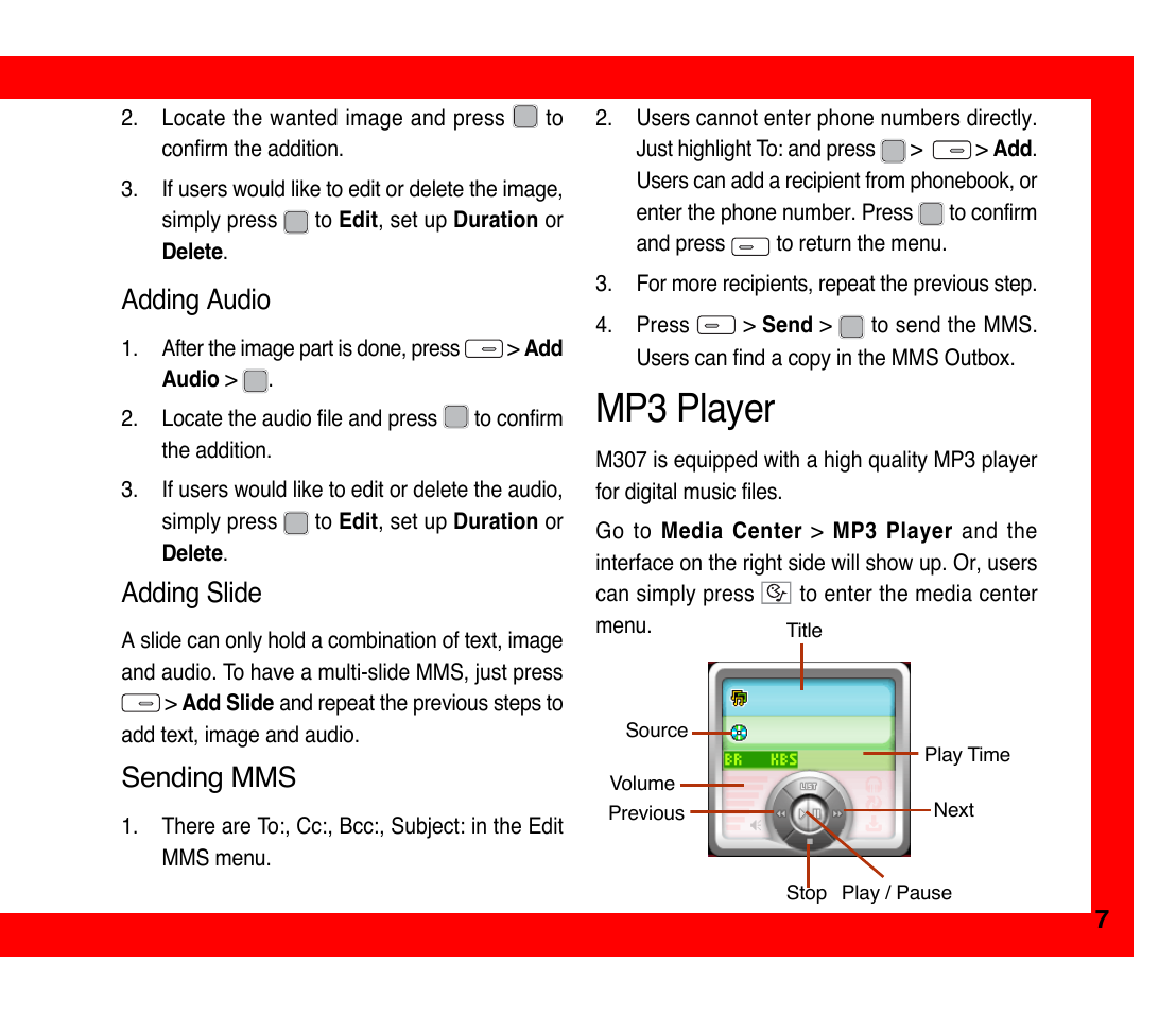 Mp3 player, Adding slide, Adding audio | Sending mms | Asus M307 User Manual | Page 7 / 8