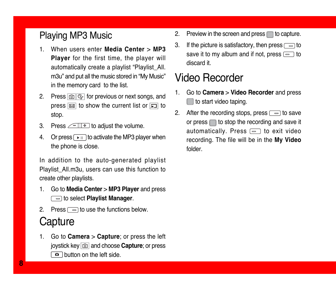 Capture, Video recorder, Playing mp3 music | Asus M307 User Manual | Page 8 / 8