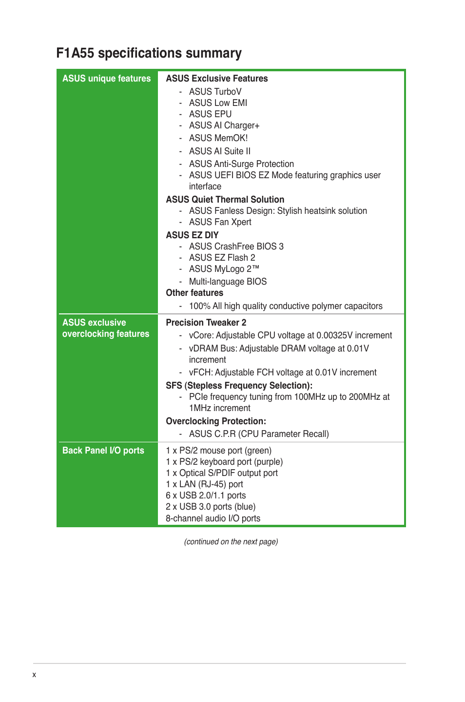 F1a55 specifications summary | Asus F1A55 User Manual | Page 10 / 70