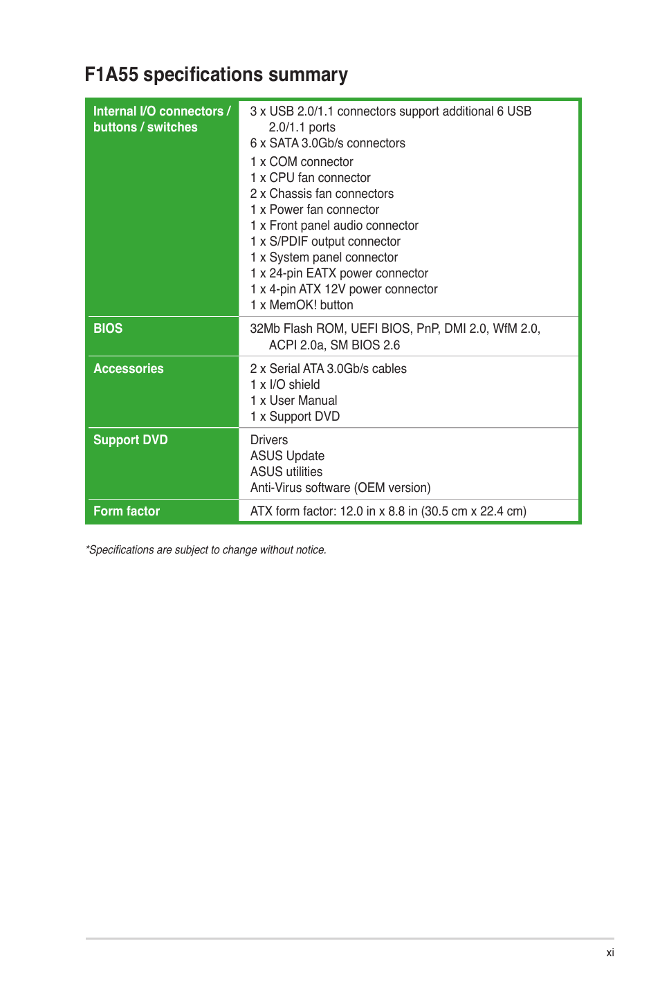 F1a55 specifications summary | Asus F1A55 User Manual | Page 11 / 70