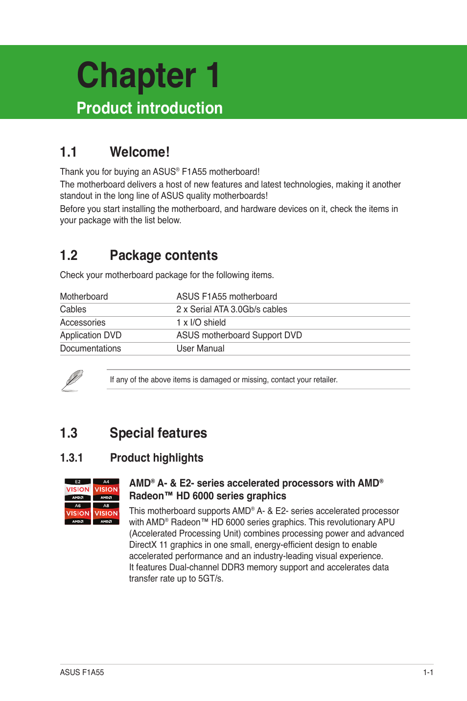 Chapter 1, Product introduction, 1 welcome | 2 package contents, 3 special features, 1 product highlights, Welcome! -1, Package contents -1, Special features -1 1.3.1, Product highlights -1 | Asus F1A55 User Manual | Page 13 / 70