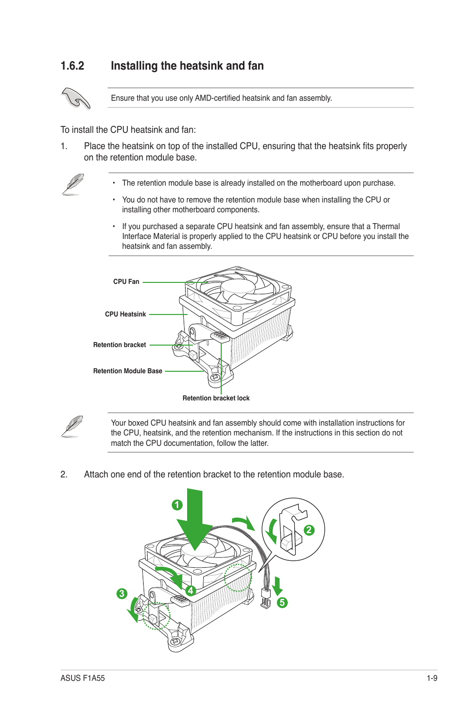 2 installing the heatsink and fan, Installing the heatsink and fan -9 | Asus F1A55 User Manual | Page 21 / 70