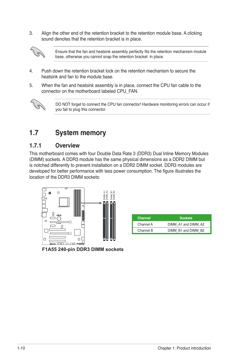 7 system memory, 1 overview, System memory -10 1.7.1 | Overview -10 | Asus F1A55 User Manual | Page 22 / 70