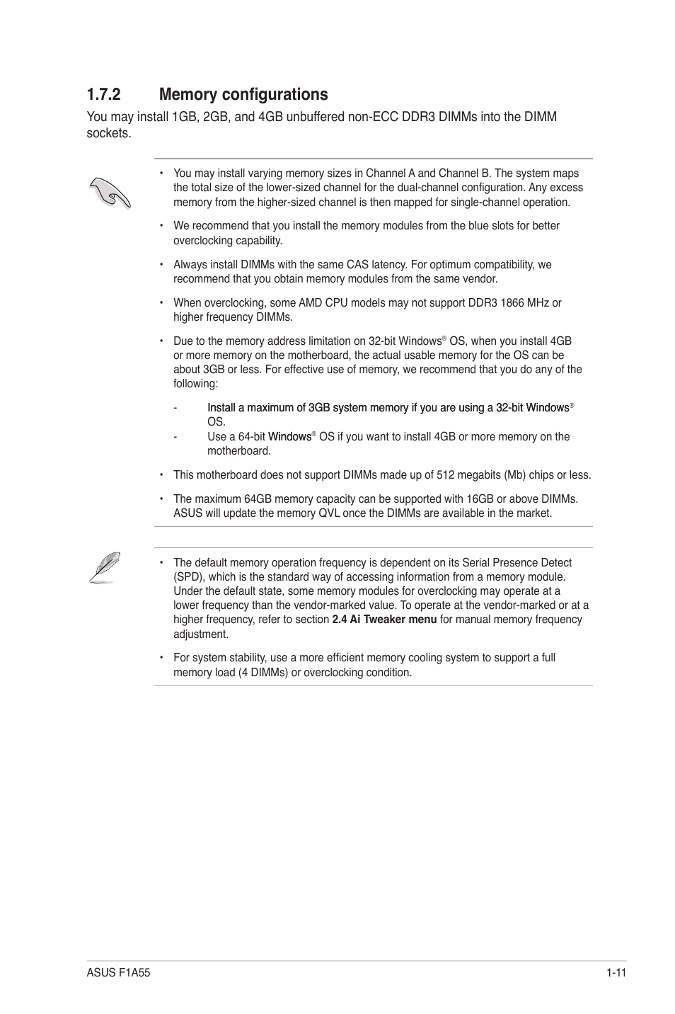 2 memory configurations, Memory configurations -11 | Asus F1A55 User Manual | Page 23 / 70