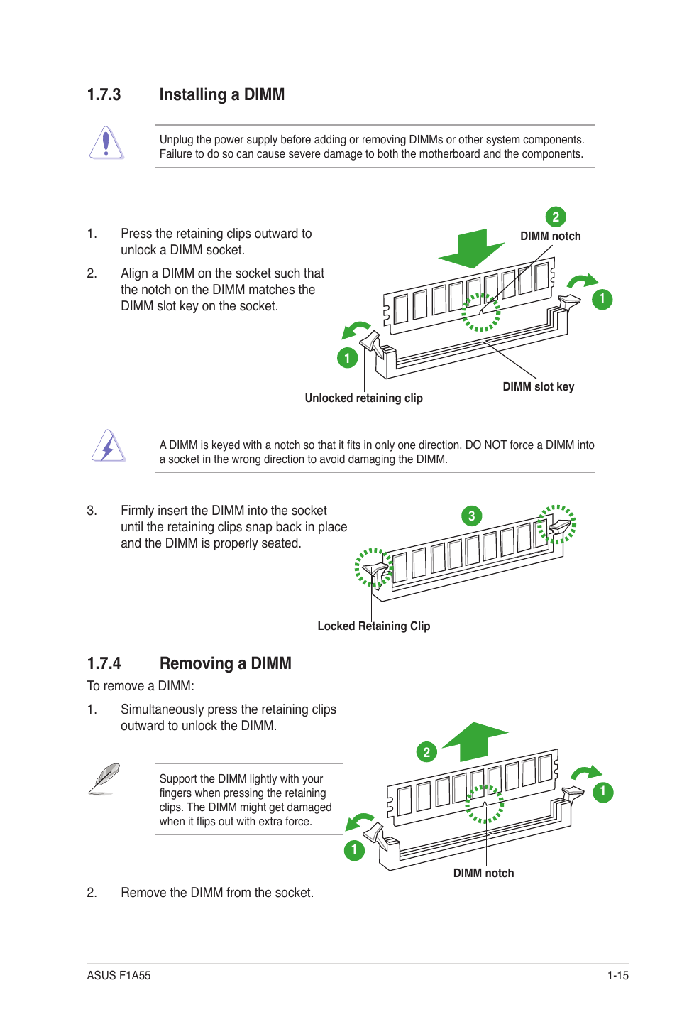 3 installing a dimm, 4 removing a dimm, Installing a dimm -15 | Removing a dimm -15 | Asus F1A55 User Manual | Page 27 / 70