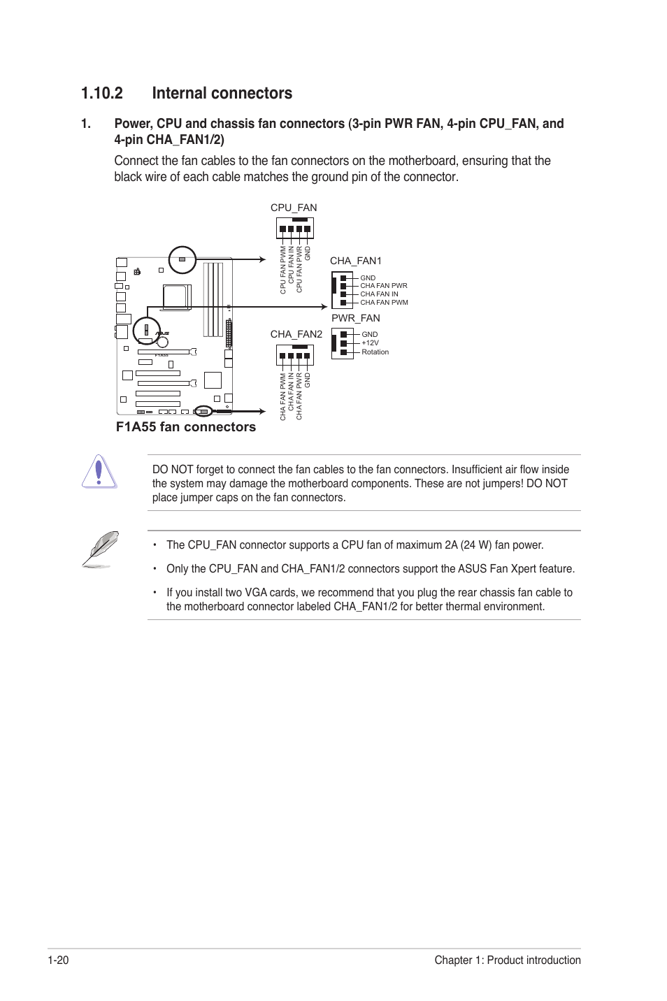 2 internal connectors, 2 internal connectors -20, F1a55 fan connectors | Chapter 1: product introduction 1-20 | Asus F1A55 User Manual | Page 32 / 70