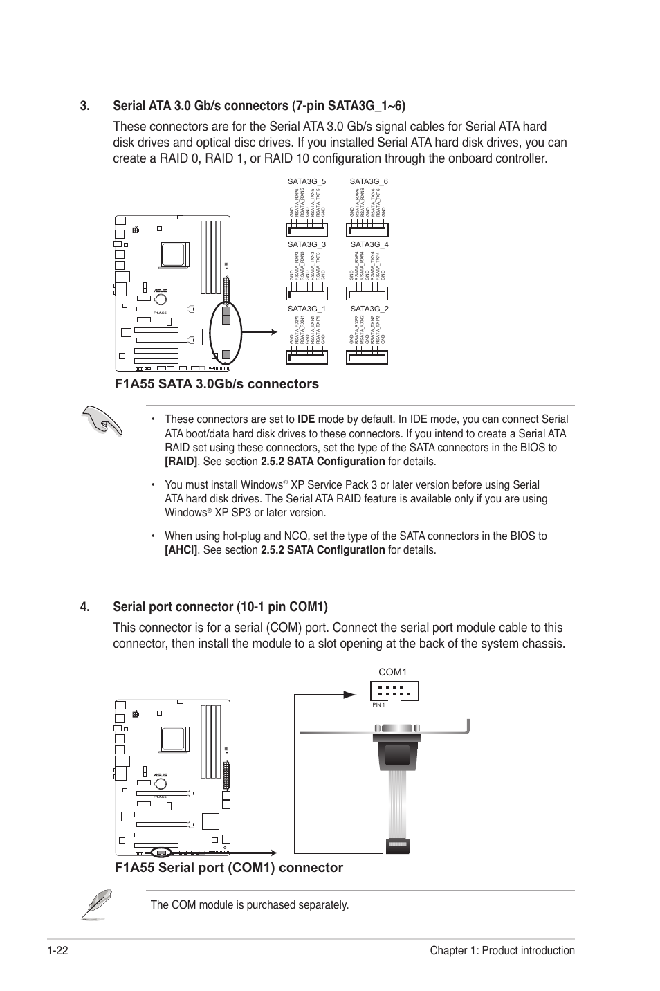 F1a55 serial port (com1) connector, The com module is purchased separately, Chapter 1: product introduction 1-22 | Com1 | Asus F1A55 User Manual | Page 34 / 70