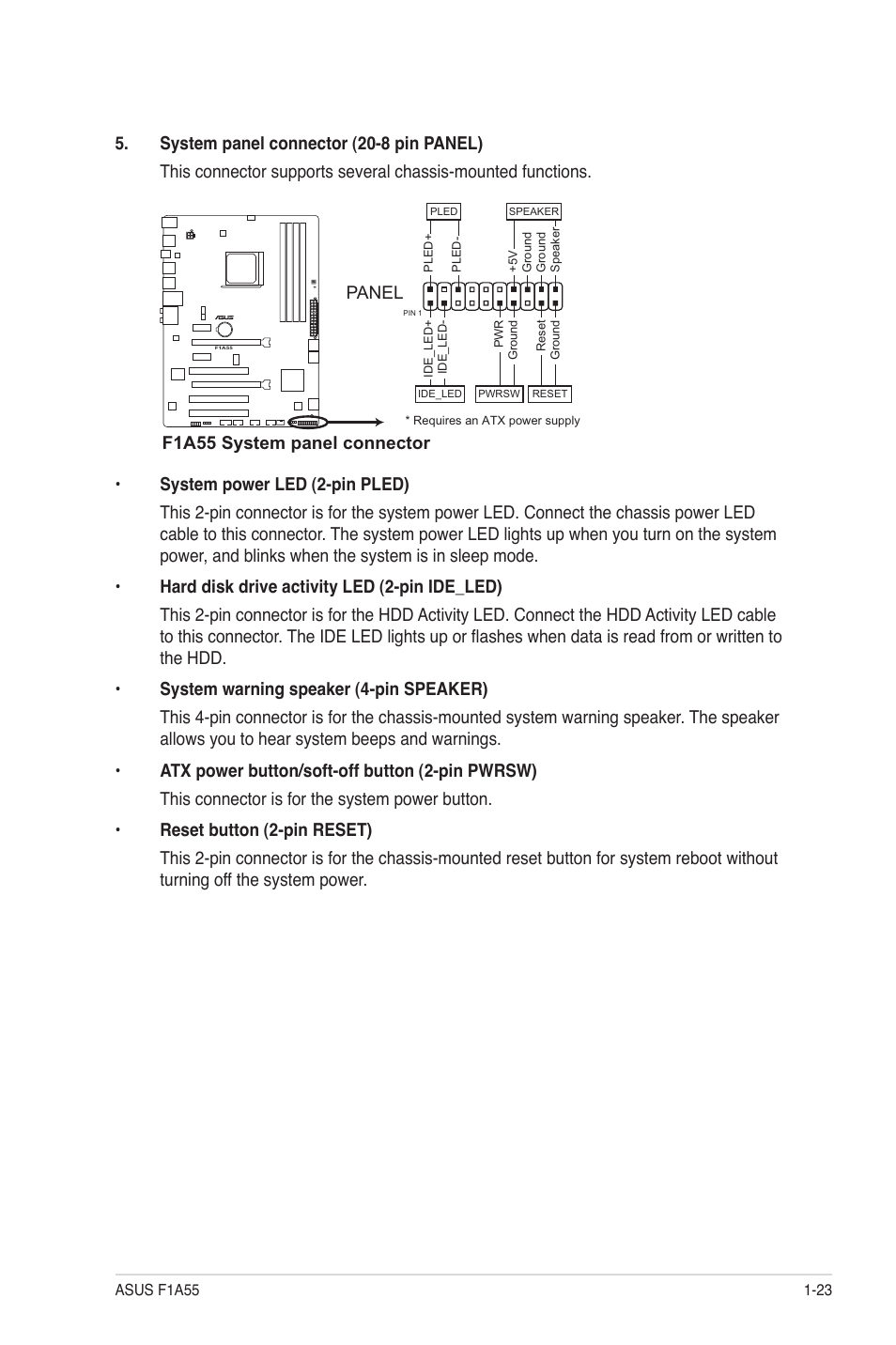 F1a55 system panel connector, Panel | Asus F1A55 User Manual | Page 35 / 70