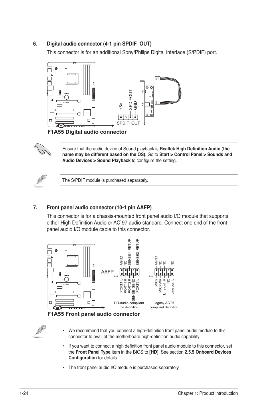 F1a55 digital audio connector, F1a55 front panel audio connector | Asus F1A55 User Manual | Page 36 / 70