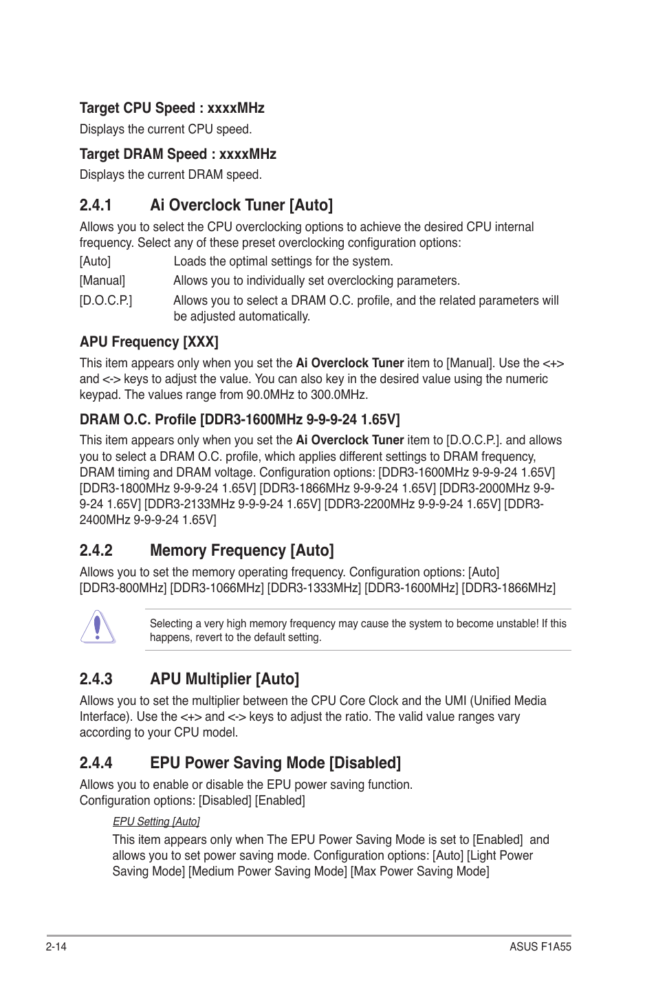 1 ai overclock tuner [auto, 2 memory frequency [auto, 3 apu multiplier [auto | 4 epu power saving mode [disabled, Ai overclock tuner [auto] -14, Memory frequency [auto] -14, Apu multiplier [auto] -14, Epu power saving mode [disabled] -14 | Asus F1A55 User Manual | Page 54 / 70