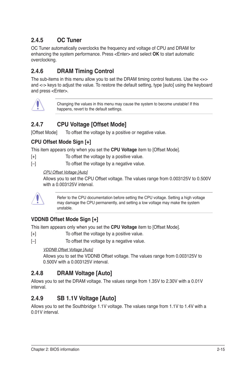 5 oc tuner, 6 dram timing control, 7 cpu voltage [offset mode | 8 dram voltage [auto, 9 sb 1.1v voltage [auto, Oc tuner -15, Dram timing control -15, Cpu voltage [offset mode] -15, Dram voltage [auto] -15, Sb 1.1v voltage [auto] -15 | Asus F1A55 User Manual | Page 55 / 70