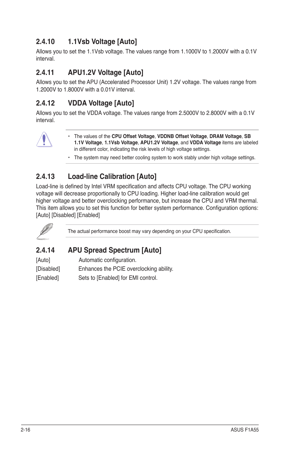 10 1.1vsb voltage [auto, 11 apu1.2v voltage [auto, 12 vdda voltage [auto | 13 load-line calibration [auto, 14 apu spread spectrum [auto | Asus F1A55 User Manual | Page 56 / 70