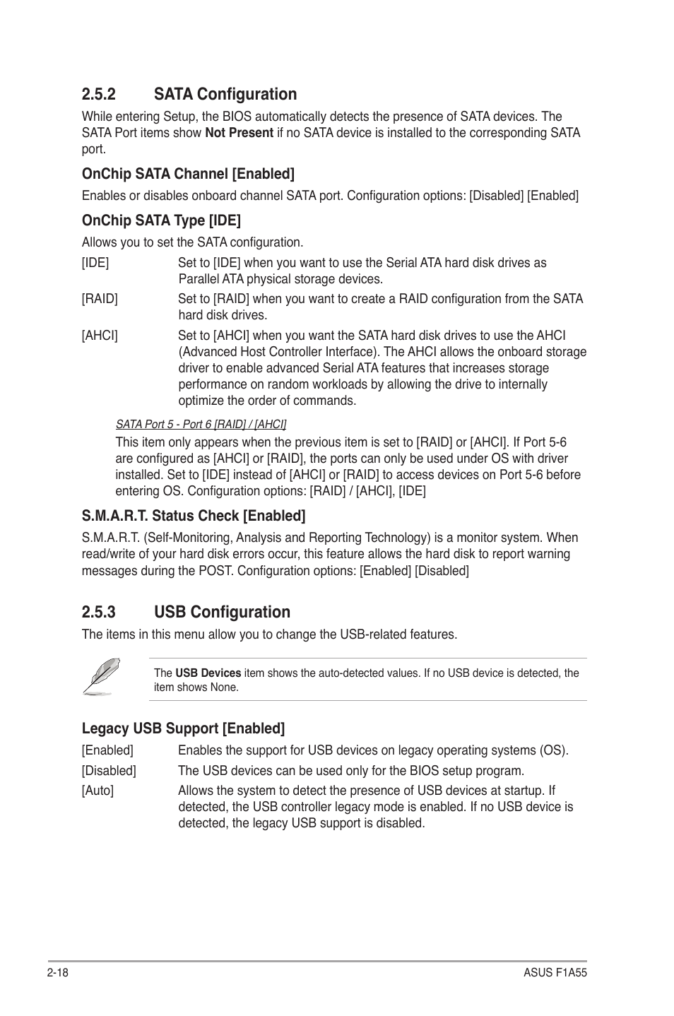 2 sata configuration, 3 usb configuration, Sata configuration -18 | Usb configuration -18 | Asus F1A55 User Manual | Page 58 / 70