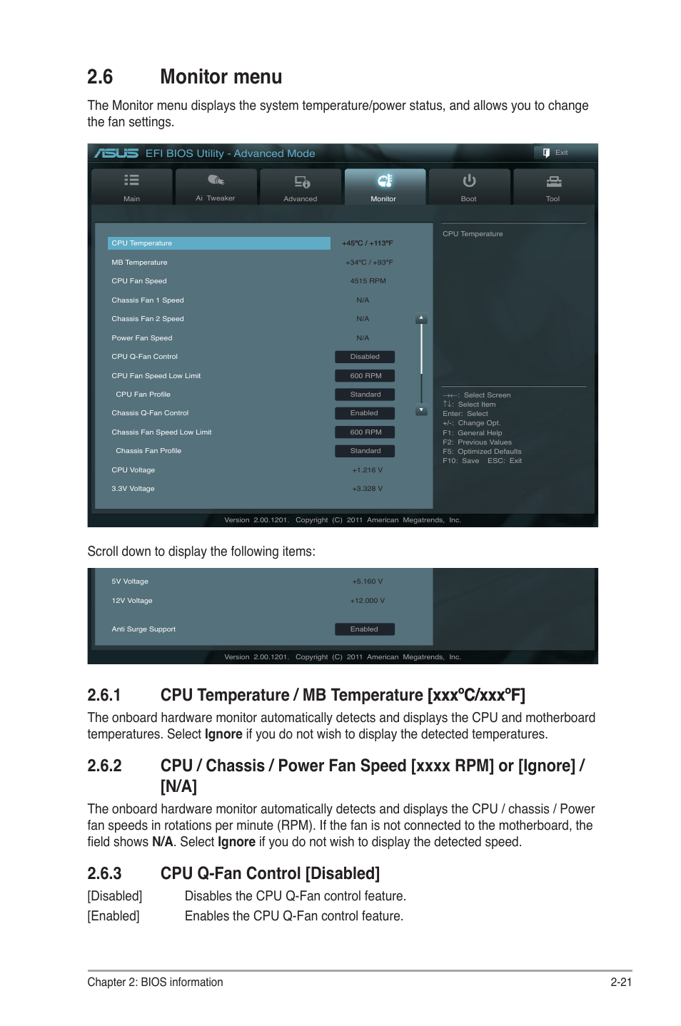 6 monitor menu, 1 cpu temperature / mb temperature [xxxºc/xxxºf, 3 cpu q-fan control [disabled | Monitor menu -21 2.6.1, Cpu temperature / mb temperature [xxxºc/xxxºf] -21, Cpu / chassis / power, Speed -21, Cpu q-fan control [disabled] -21, Chapter 2: bios information 2-21 | Asus F1A55 User Manual | Page 61 / 70