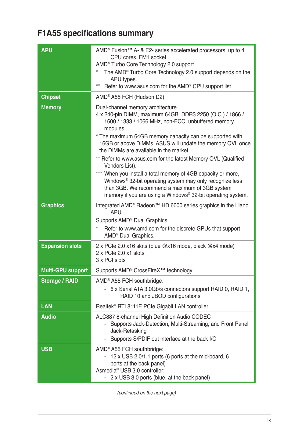 F1a55 specifications summary | Asus F1A55 User Manual | Page 9 / 70