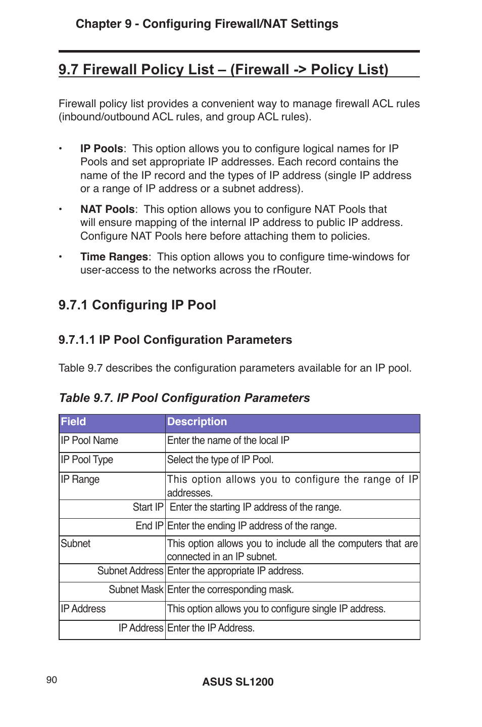 7 firewall policy list – (firewall -> policy list), 1 configuring ip pool | Asus SL1200 User Manual | Page 107 / 175