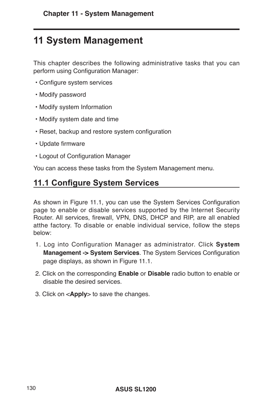 11 system management, 1 configure system services | Asus SL1200 User Manual | Page 147 / 175