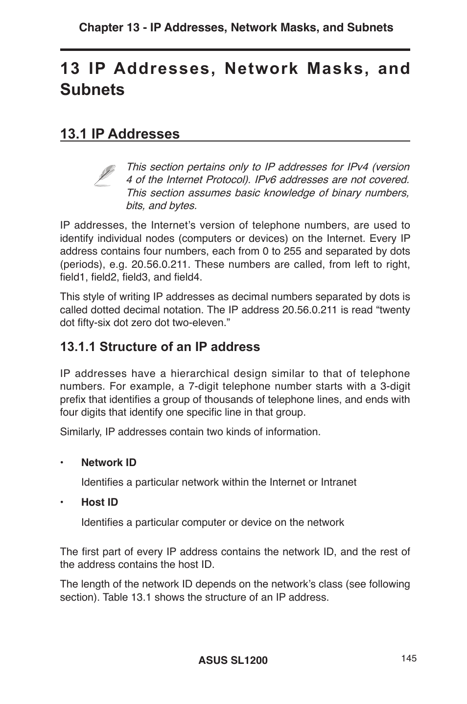 13 ip addresses, network masks, and subnets, 1 ip addresses, 1 structure of an ip address | Asus SL1200 User Manual | Page 162 / 175