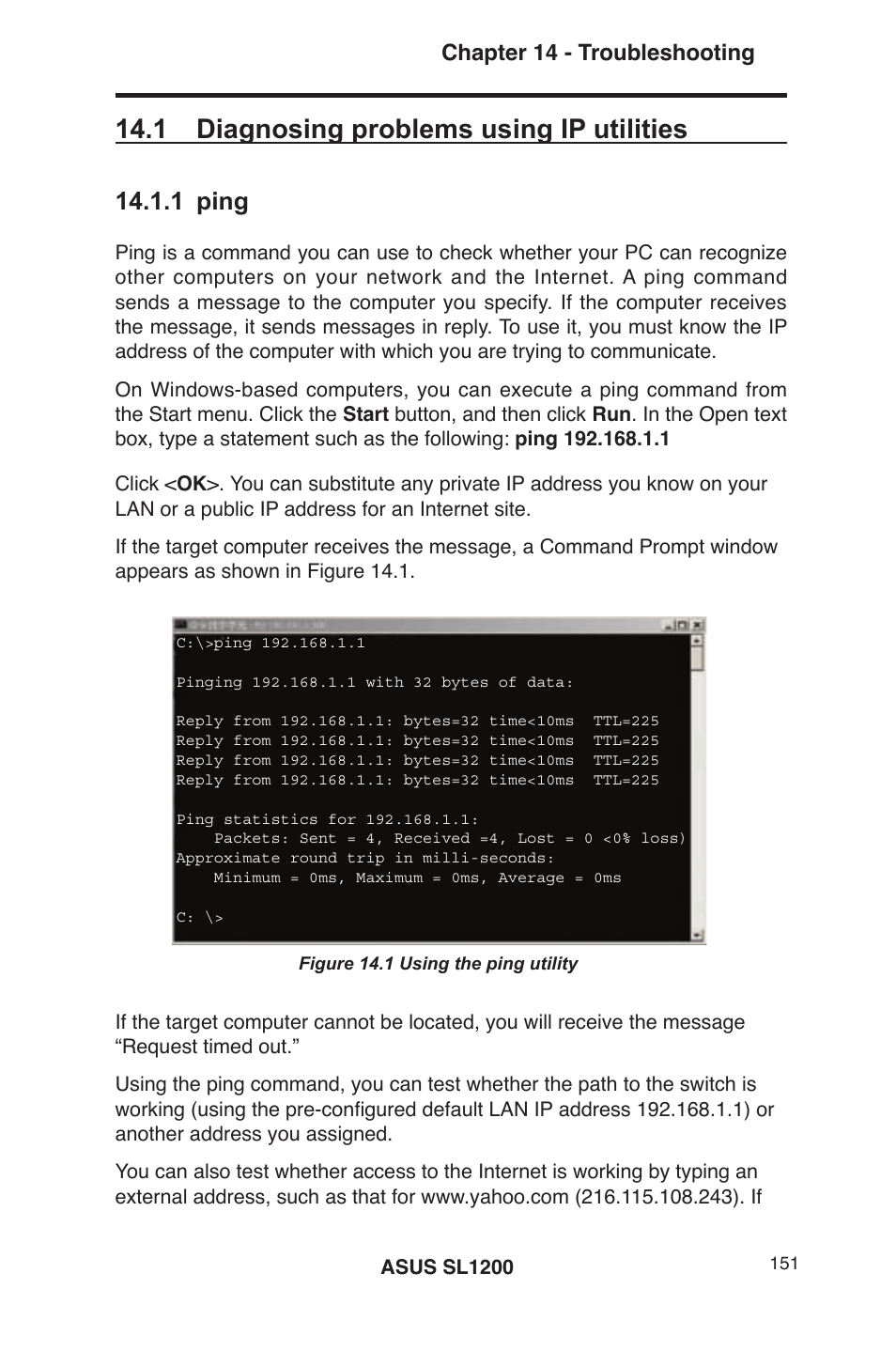 1 diagnosing problems using ip utilities, 1 ping, Chapter 14 - troubleshooting | Asus SL1200 User Manual | Page 168 / 175