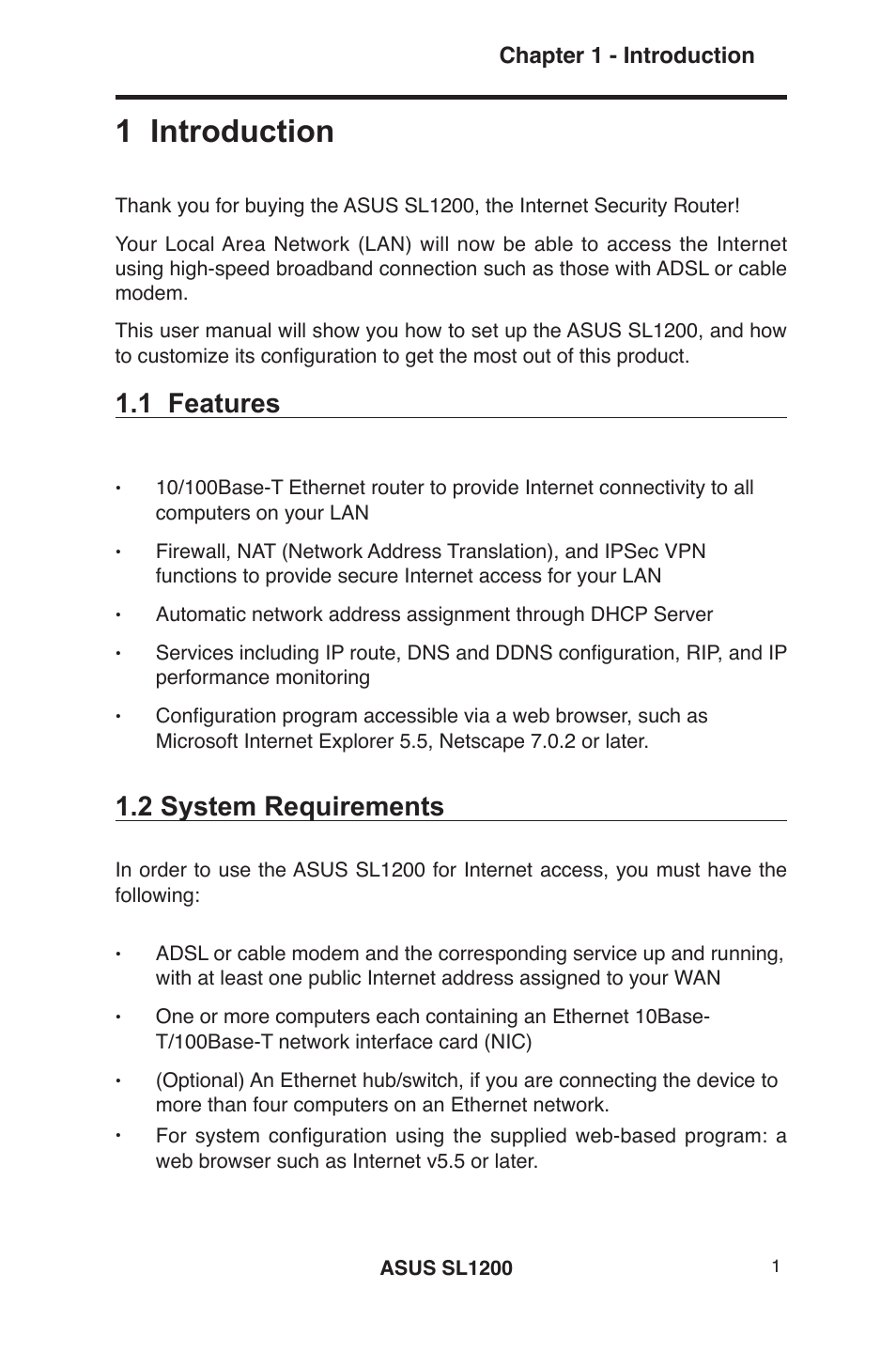 1 introduction, 1 features, 2 system requirements | Asus SL1200 User Manual | Page 18 / 175