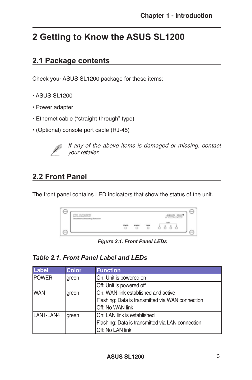 1 package contents, 2 front panel | Asus SL1200 User Manual | Page 20 / 175