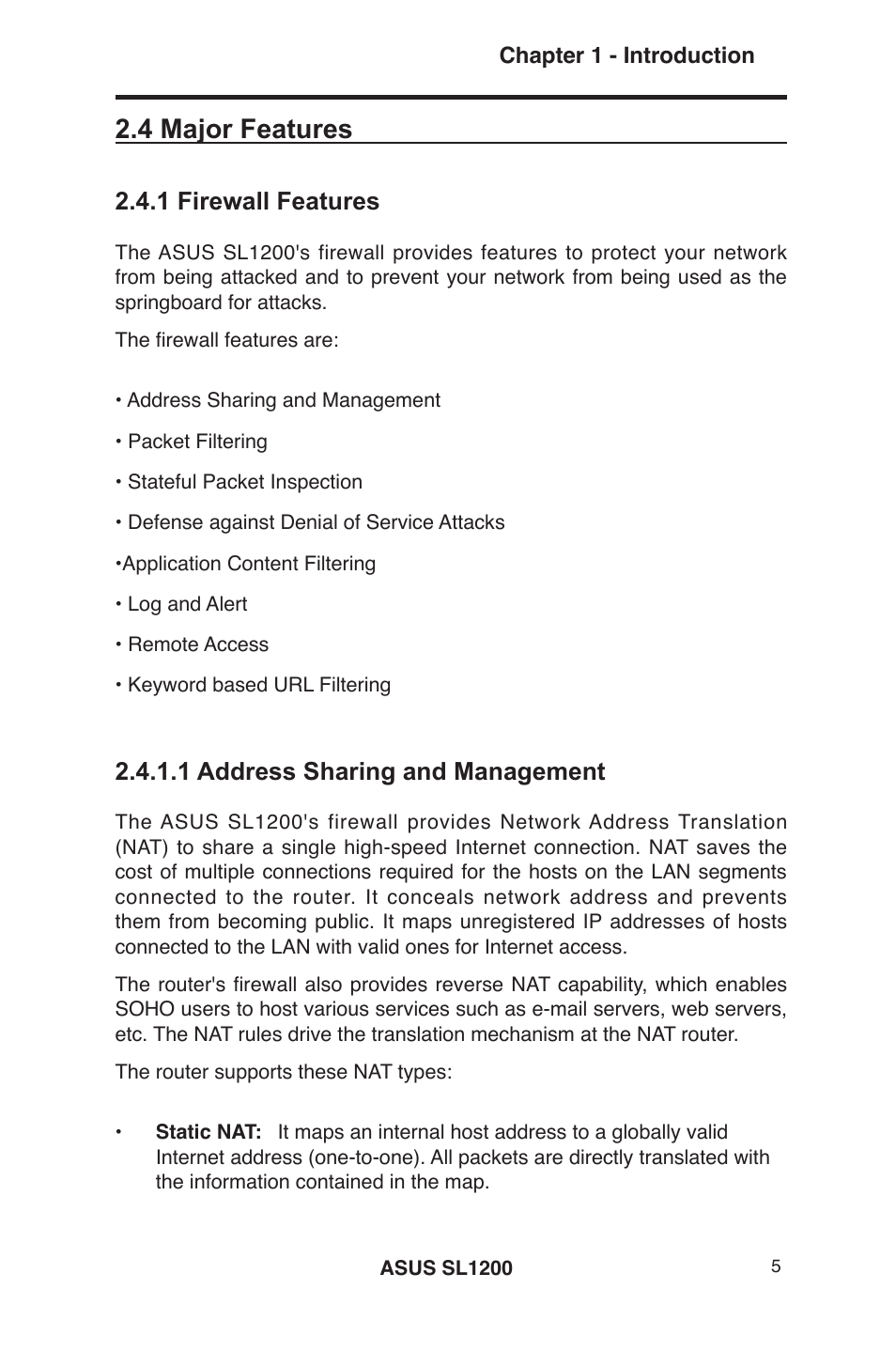 4 major features, 1 firewall features, 1 address sharing and management | Asus SL1200 User Manual | Page 22 / 175