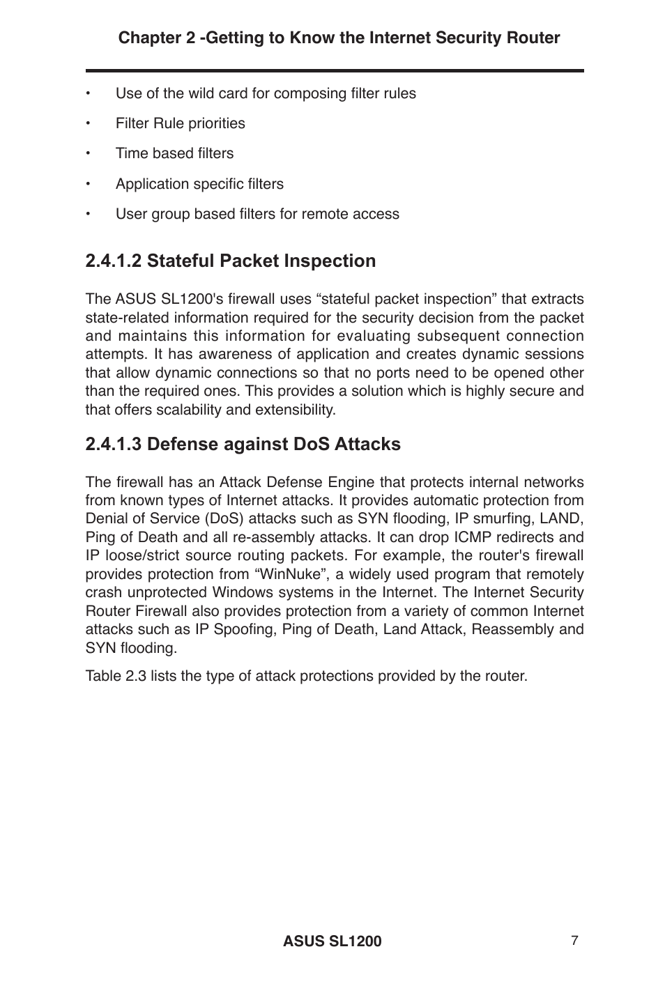 2 stateful packet inspection, 3 defense against dos attacks | Asus SL1200 User Manual | Page 24 / 175