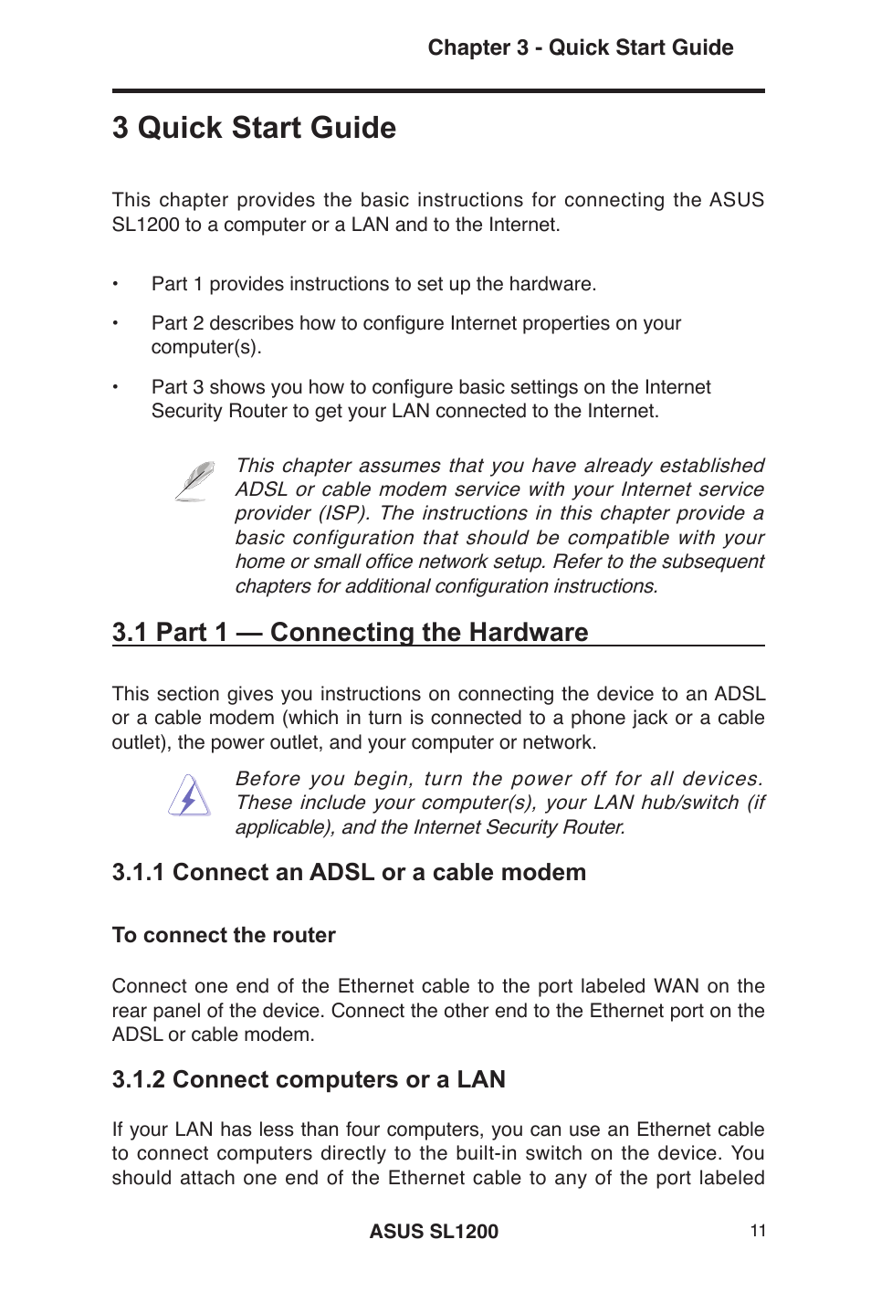 3 quick start guide, 1 part 1 — connecting the hardware, 1 connect an adsl or a cable modem | 2 connect computers or a lan | Asus SL1200 User Manual | Page 28 / 175