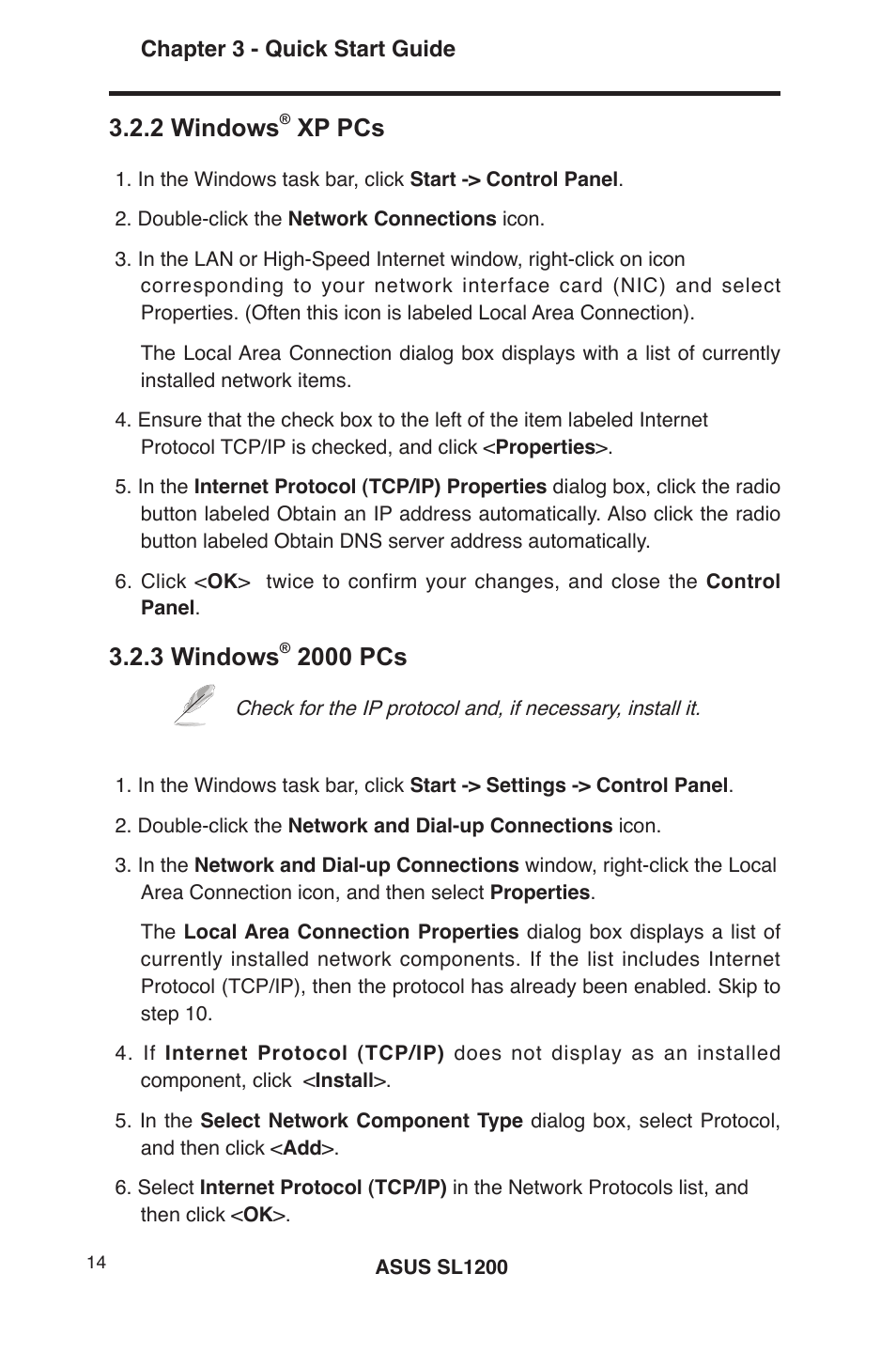 2 connect computers or a lan, 3 attach the power adapter, 4 turning on the asus sl1200 | 2 windows, Xp pcs, 3 windows, 2000 pcs | Asus SL1200 User Manual | Page 31 / 175