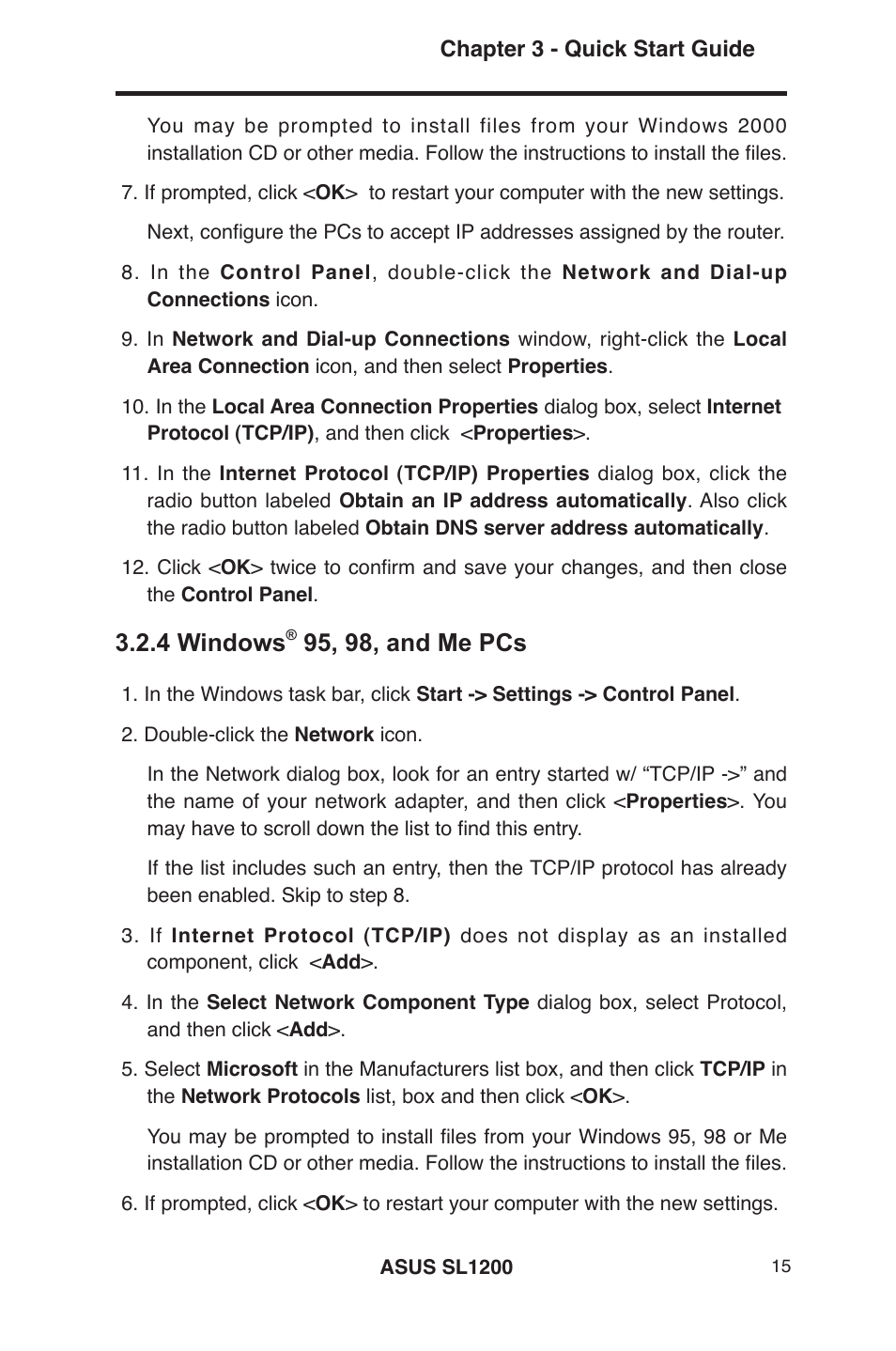 2 part 2 — configuring your computers, 1 before you begin, 2 windows | Xp pcs, 4 windows, 95, 98, and me pcs | Asus SL1200 User Manual | Page 32 / 175