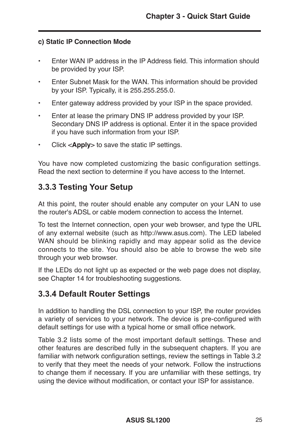 3 testing your setup, 4 default router settings | Asus SL1200 User Manual | Page 42 / 175