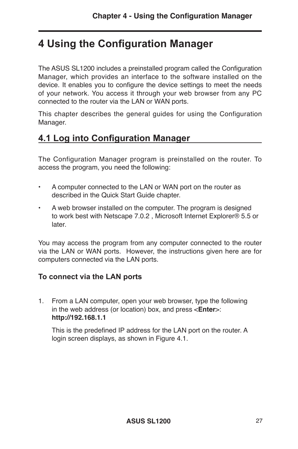 4 using the configuration manager, 1 log into configuration manager | Asus SL1200 User Manual | Page 44 / 175