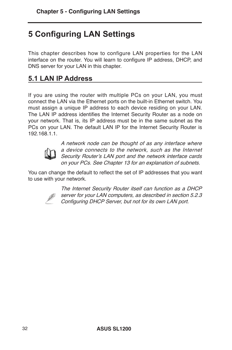 5 configuring lan settings, 1 lan ip address | Asus SL1200 User Manual | Page 49 / 175