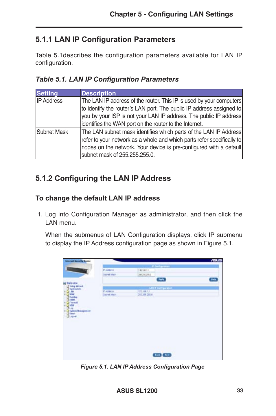 1 lan ip configuration parameters, 2 configuring the lan ip address | Asus SL1200 User Manual | Page 50 / 175
