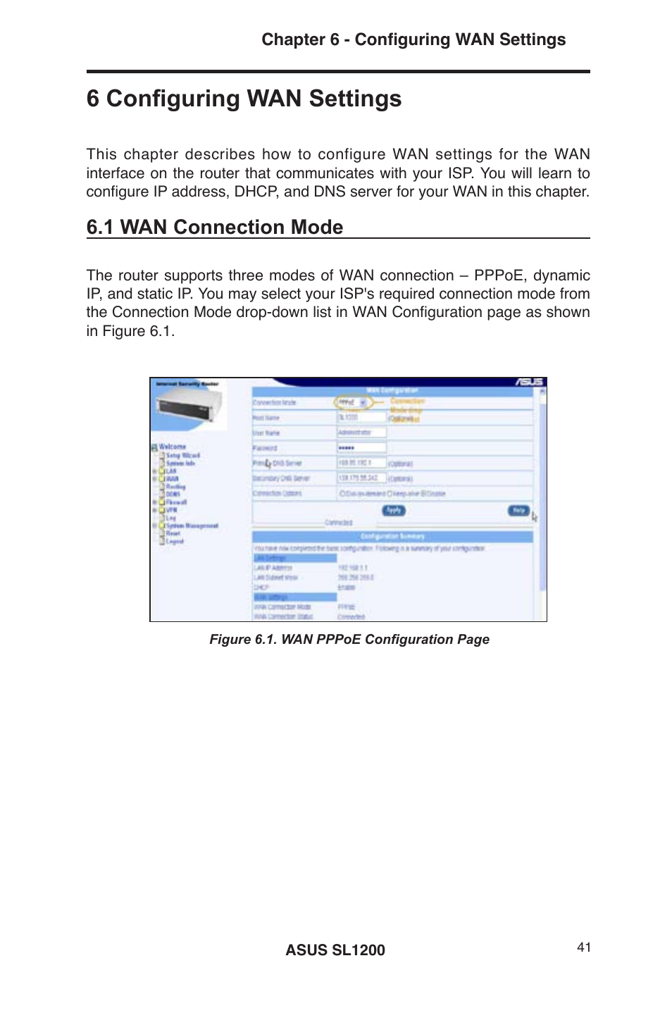 6 configuring wan settings, 1 wan connection mode | Asus SL1200 User Manual | Page 58 / 175