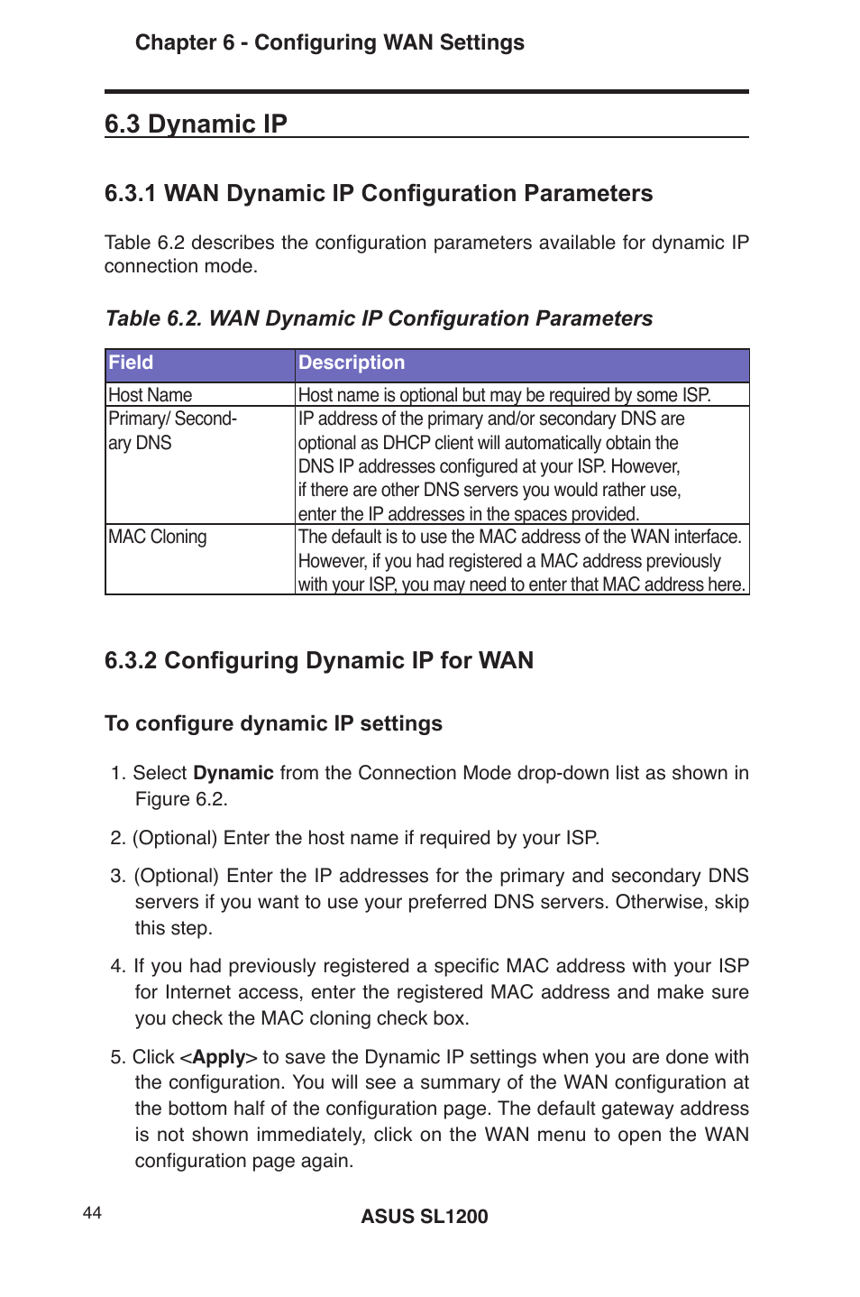 3 dynamic ip, 1 wan dynamic ip configuration parameters, 2 configuring dynamic ip for wan | Asus SL1200 User Manual | Page 61 / 175