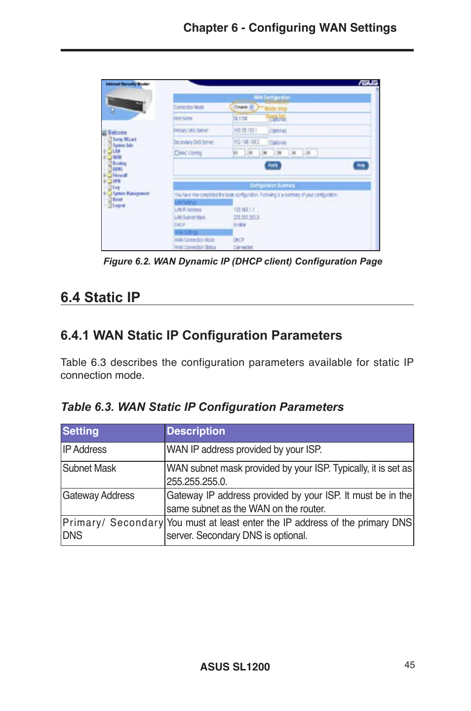 4 static ip, 1 wan static ip configuration parameters | Asus SL1200 User Manual | Page 62 / 175