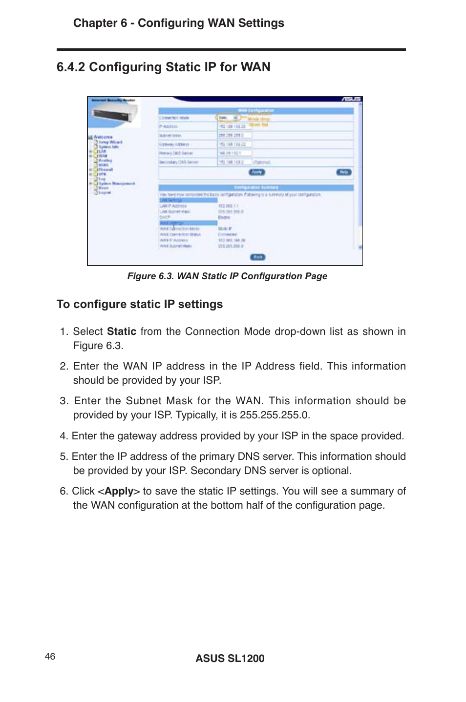 2 configuring static ip for wan | Asus SL1200 User Manual | Page 63 / 175