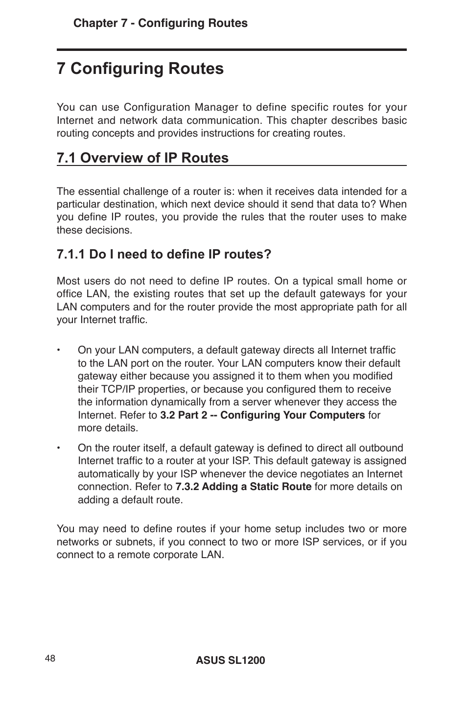 7 configuring routes, 1 overview of ip routes, 1 do i need to define ip routes | Asus SL1200 User Manual | Page 65 / 175