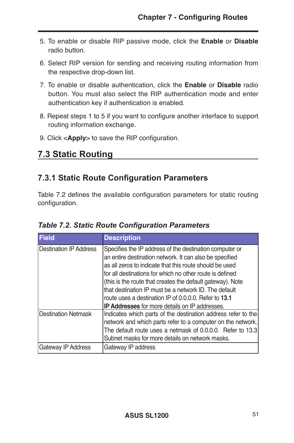 3 static routing, 1 static route configuration parameters | Asus SL1200 User Manual | Page 68 / 175