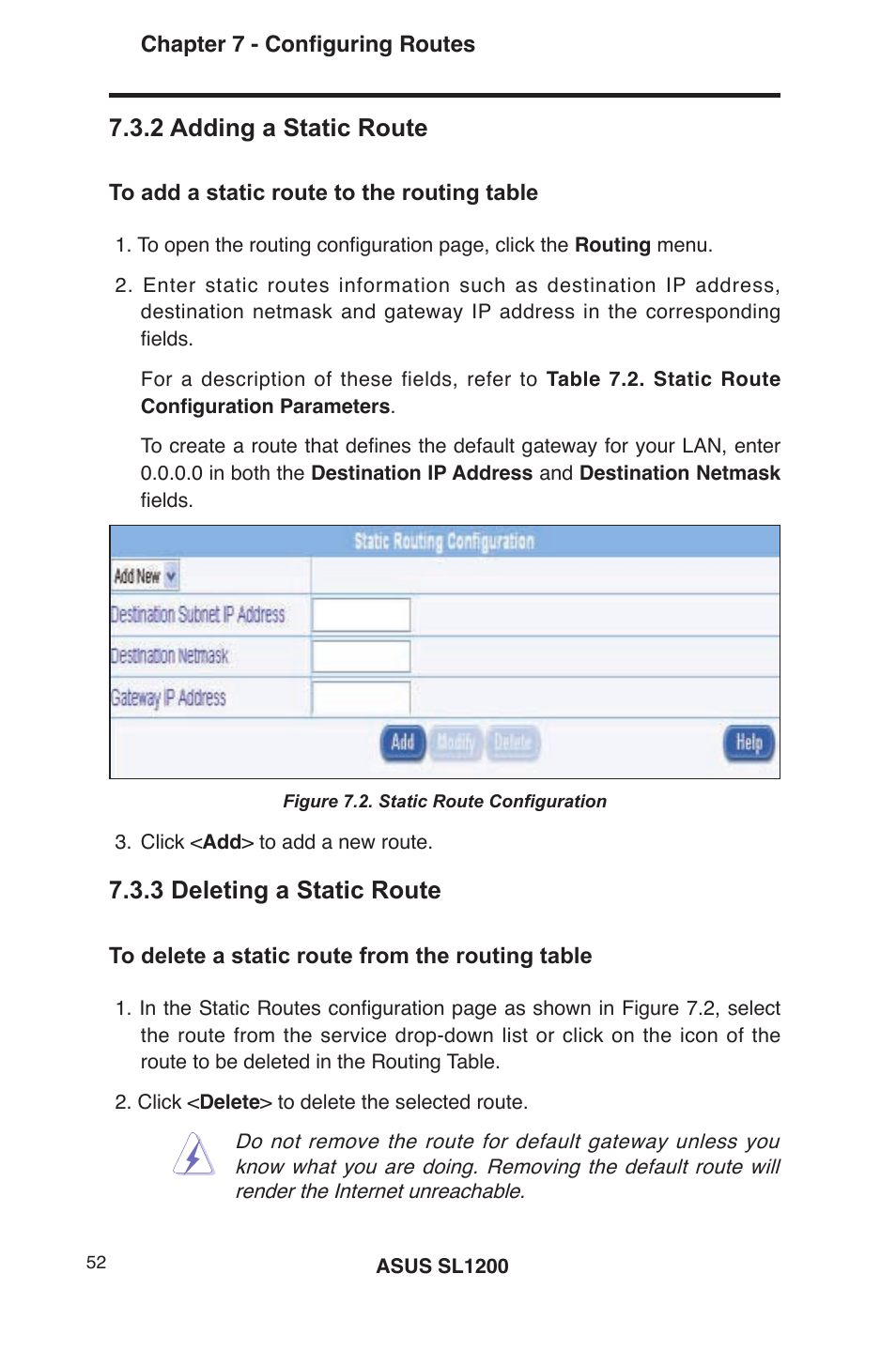 2 adding a static route, 3 deleting a static route | Asus SL1200 User Manual | Page 69 / 175