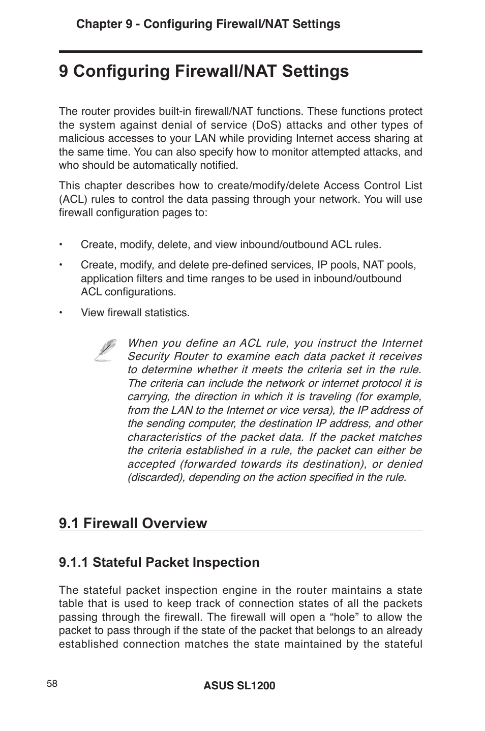 9 configuring firewall/nat settings, 1 firewall overview, 1 stateful packet inspection | Asus SL1200 User Manual | Page 75 / 175