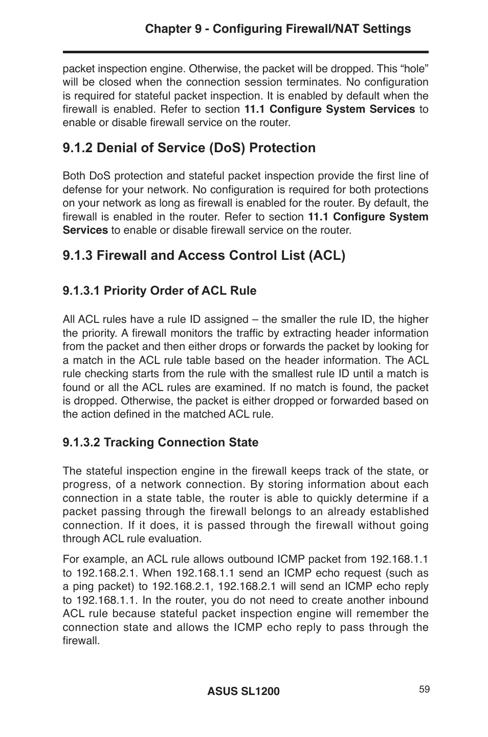 2 denial of service (dos) protection, 3 firewall and access control list (acl) | Asus SL1200 User Manual | Page 76 / 175