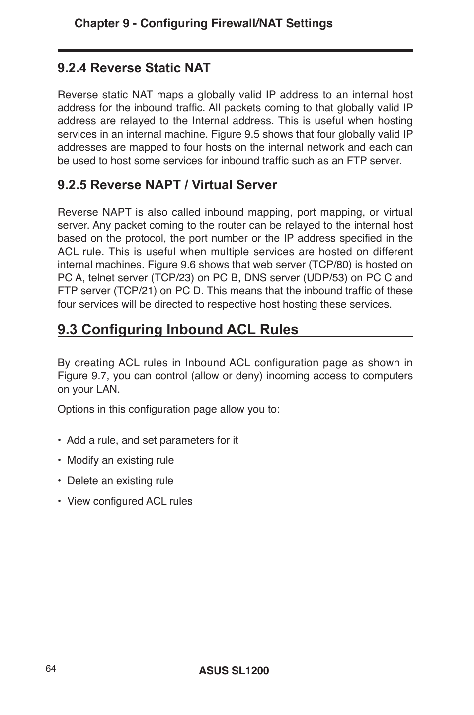 3 configuring inbound acl rules, 4 reverse static nat, 5 reverse napt / virtual server | Asus SL1200 User Manual | Page 81 / 175