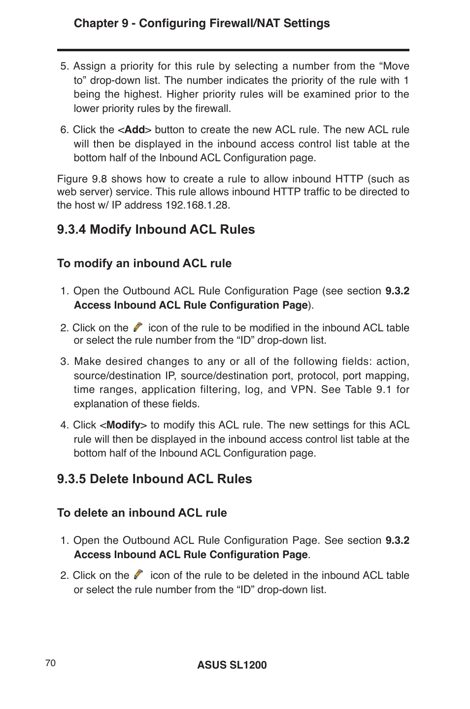 4 modify inbound acl rules, 5 delete inbound acl rules | Asus SL1200 User Manual | Page 87 / 175
