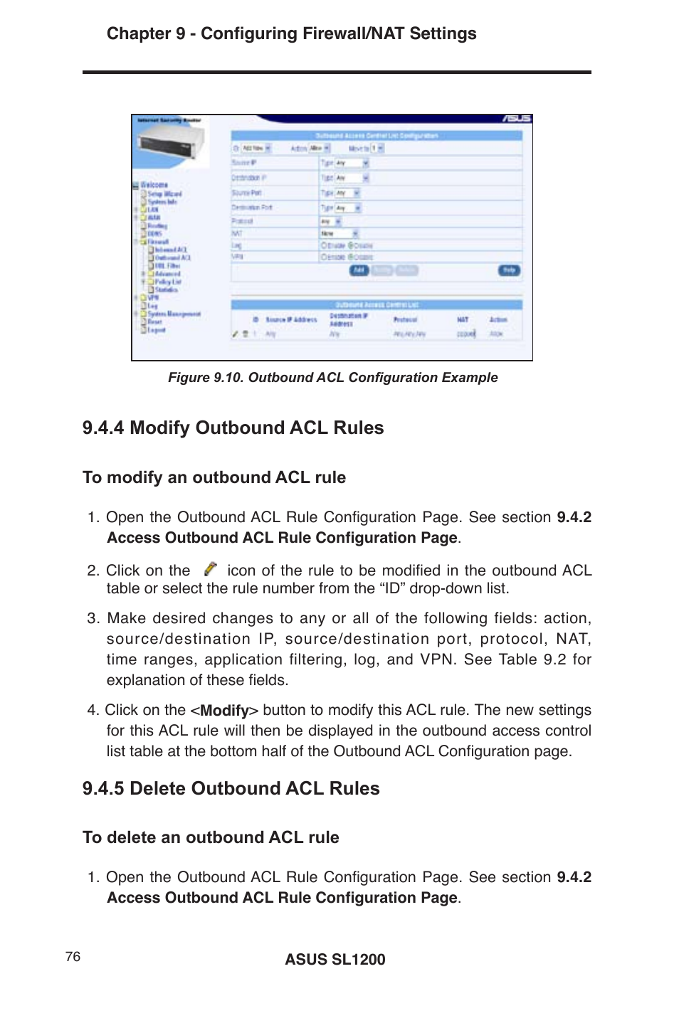 4 modify outbound acl rules, 5 delete outbound acl rules | Asus SL1200 User Manual | Page 93 / 175