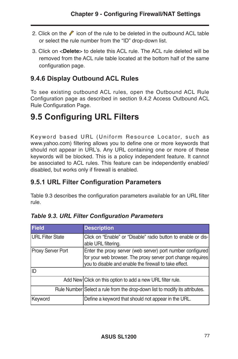 5 configuring url filters, 6 display outbound acl rules, 1 url filter configuration parameters | Asus SL1200 User Manual | Page 94 / 175