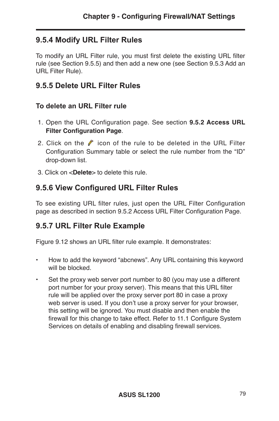 4 modify url filter rules, 5 delete url filter rules, 6 view configured url filter rules | 7 url filter rule example | Asus SL1200 User Manual | Page 96 / 175