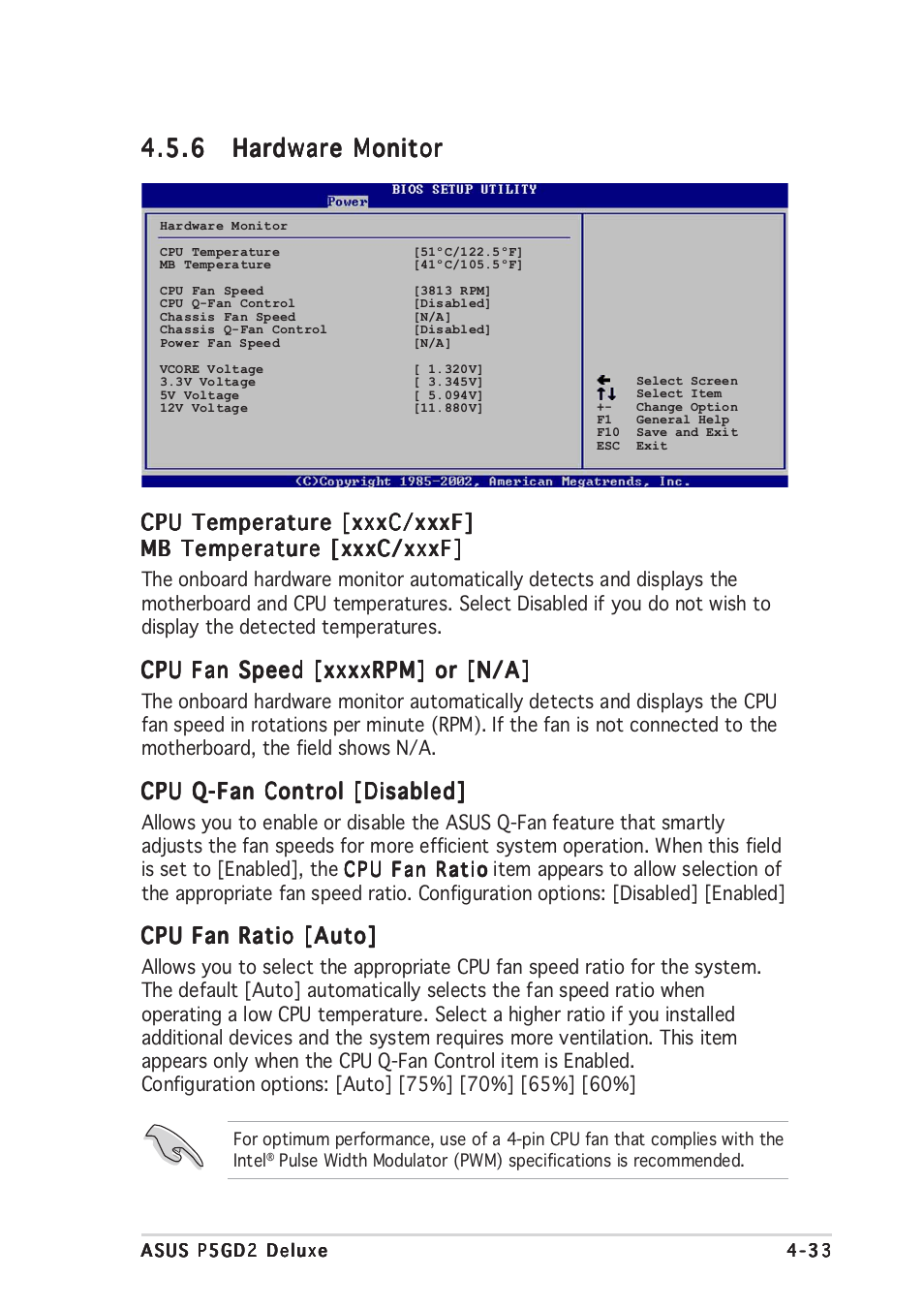 Cpu temperature [xxxc/xxxf, Cpu q-fan control [disabled, Cpu fan ratio [auto | Asus P5GD2 Deluxe User Manual | Page 103 / 150